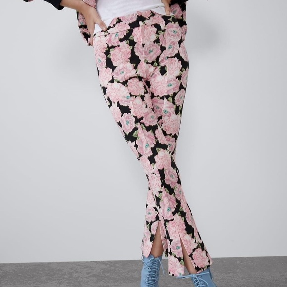Zara| Pink & Black Rose Floral Boot Cut Straight Leg Trouser Pants Sz M - Picture 1 of 5